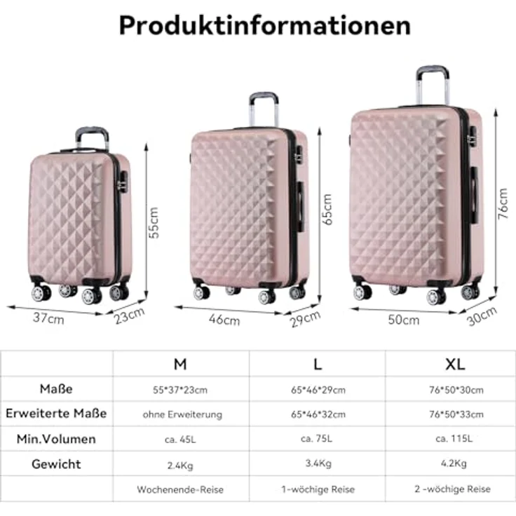 BEIBYE Trolley Koffer Reisekofferset Hartschale mit 4 Zwillingsrollen, M (55x34x22cm), Rosa Gold, integriertes Sicherheits-Zahlenschloss, höhenverstellbarer Teleskopgriff – Bild 5