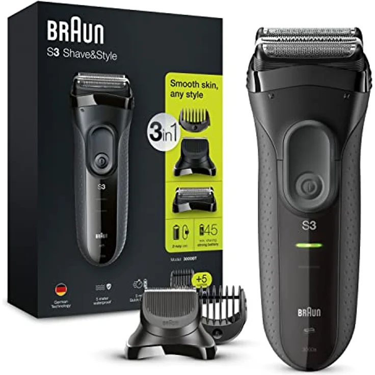 Braun Series 3 3-in-1 Elektrorasierer, Barttrimmer mit 5 Kammaufsätzen, Wet&Dry, 45 Minuten Akkulaufzeit, wiederaufladbarer und kabelloser Rasierer, schwarz/grau – Bild 1