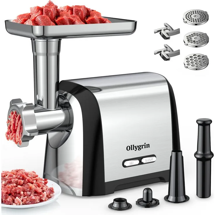 Ollygrin Elektrischer Fleischwolf, max. 2600 W mit 2 Messern, 3 Lochscheiben und Wurstfüllrohr, 3-in-1 Multifunktional, kompakt mit versteckter Aufbewahrungsbox