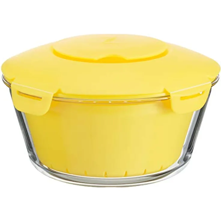 PASABAHCE 4995808 Reiskocher Mikrowelle Zest aus Glas mit Korb aus Kunststoff und Deckel aus rutschfestem Material, Gelb, 2,2 l