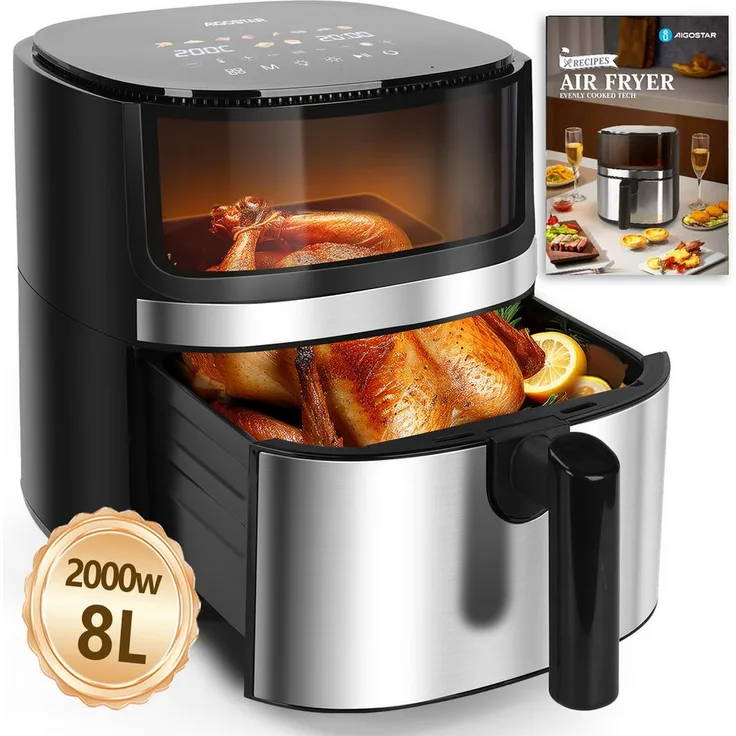 Aigostar Dual Blaze™ Heißluftfritteuse XXL, 8L Air Fryer 2000W mit Sichtfenster, 10 Programme, Digitalem Led Touchscreen, spülmaschinenfeste Körbe
