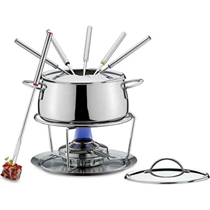Spring Fondue Set SWISS ECO | aus Edelstahl | Rechaud Brenner | inkl. 6 farbig markierten Fondue Gabeln, Fondue Deckel und Spritzschutz | für Gas- und Elektroherde geeignet | 2L | Ø18cm