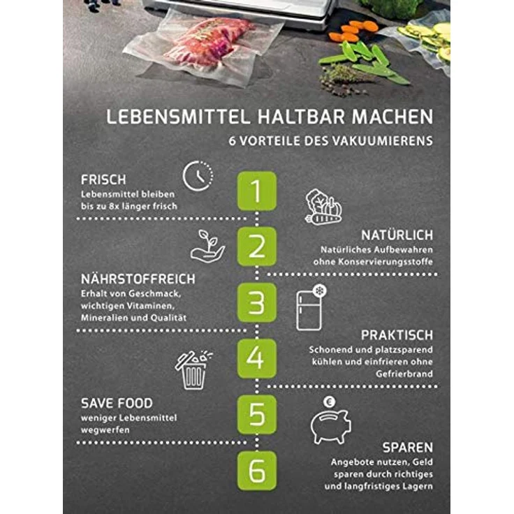 Caso VacuChef Slim-Line - Kammervakuumierer aus Edelstahl, Ultra flaches Design, starke Vakuumpumpe 72 Liter-Minute, inkl. 30 Profi Folienbeutel – Bild 9