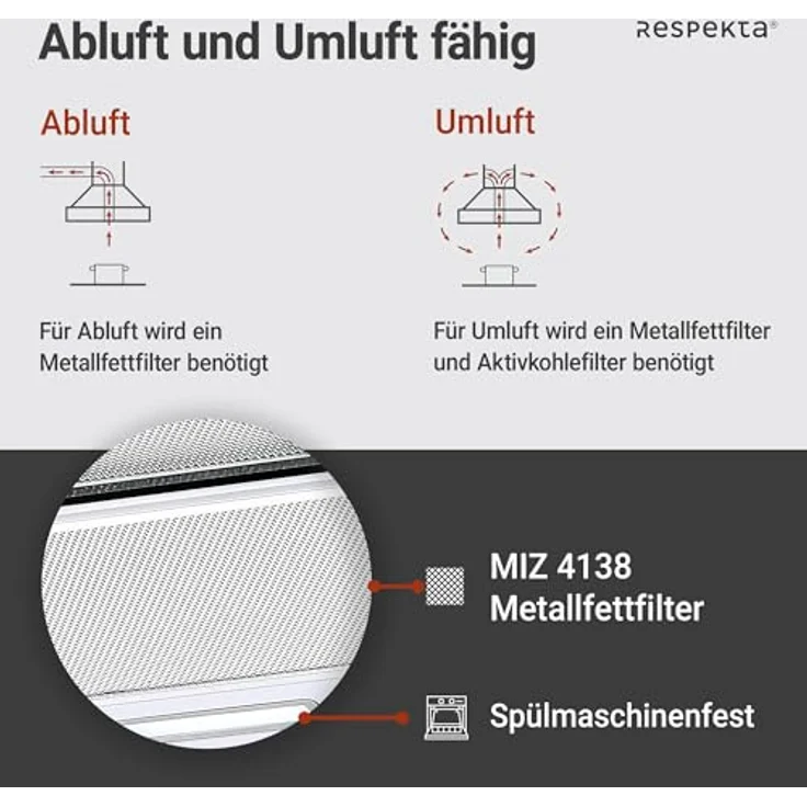 respekta CH 4138 IX C, Motorhaube, ausziehbar, Breite: 60 cm, Tiefe: 28 cm, Absaugung und Rückführung (mit zusätzlichem Rückführungsset) – Bild 5