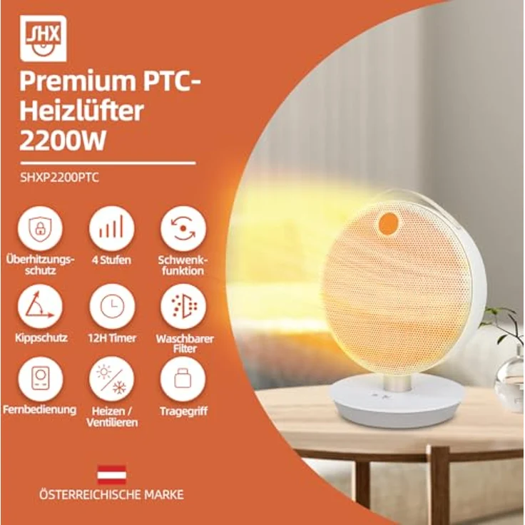 SHX Heizlüfter, 2200W PTC Keramik schnelle Heizung, elektrische Schreibtischheizung | 20 °C bis 32 °C | Überhitzungsschutz und Kippschutz, in elegantem Metallgehäuse – Bild 2