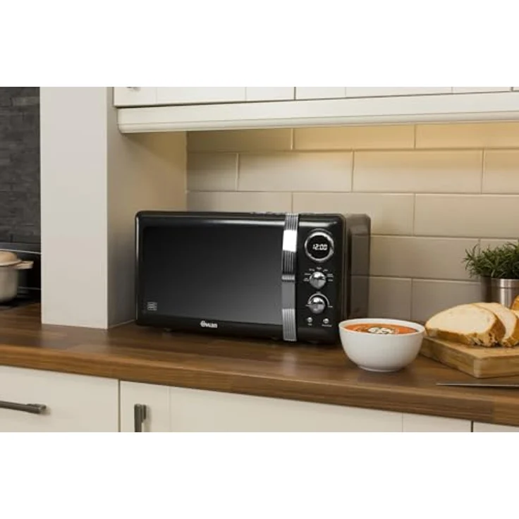Swan SM22030LBNEU Retro Mikrowelle 20L, 800 Watt, 5 Leistungsstufen, Auftaufunktion, Timer, schwarz – Bild 4
