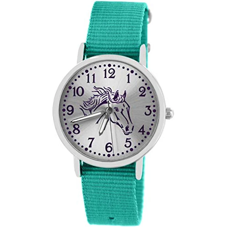 Pacific Time Mädchen Uhr Pferde, analoge Quarz-Armbanduhr mit türkisem Textil-Wechselarmband, leuchtende Zeiger, 3,2 cm Gehäusedurchmesser – Bild 1