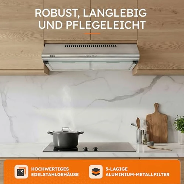 NEG Edelstahl Unterbau Dunstabzugshaube NEG15-DC+ NextGen Doppelmotor, 60 cm, 424 m³/h, flexibler Abluftanschluss oben/hinten, Umluftbetrieb, Curved Design, mit LED-Beleuchtung – Bild 4