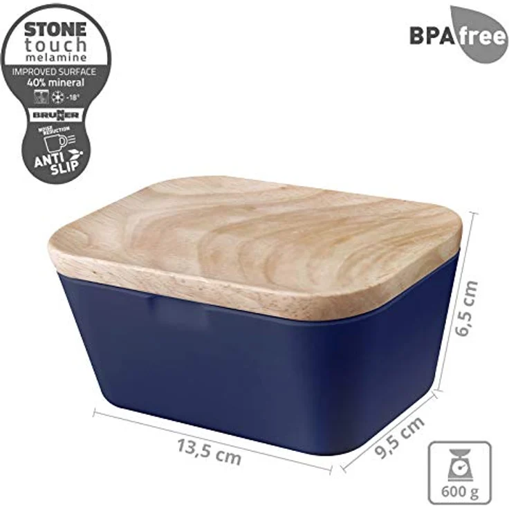 BRUNNER Melamin Butterdose Butter Schale Behälter Holz Brett Deckel Eckig blau – Bild 2