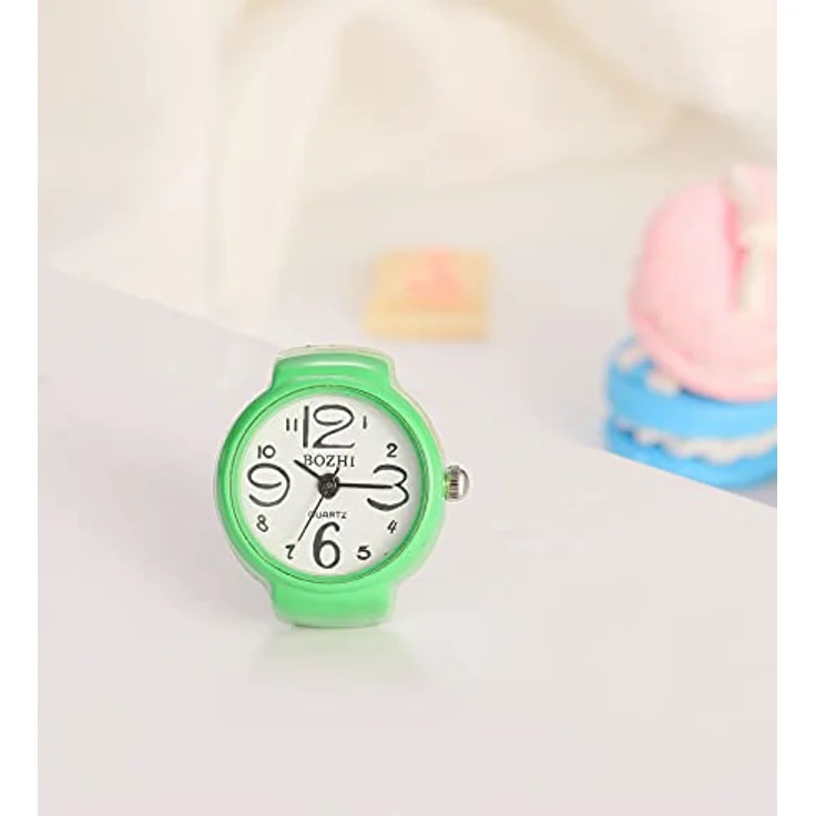 JewelryWe Damen Ringuhr Fingeruhr, Elastische Analog Quarzuhr mit Präziser Zeitanzeige, Grün – Bild 4