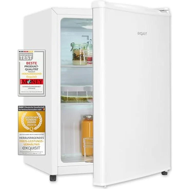 Exquisit Mini Kühlschrank KB560-V-091E, 50 l Nutzinhalt, Energieeffizienzklasse E, 41 dB, LED-Beleuchtung, manuelle Temperaturregelung, wechselbarer Türanschlag, weiss – Bild 1