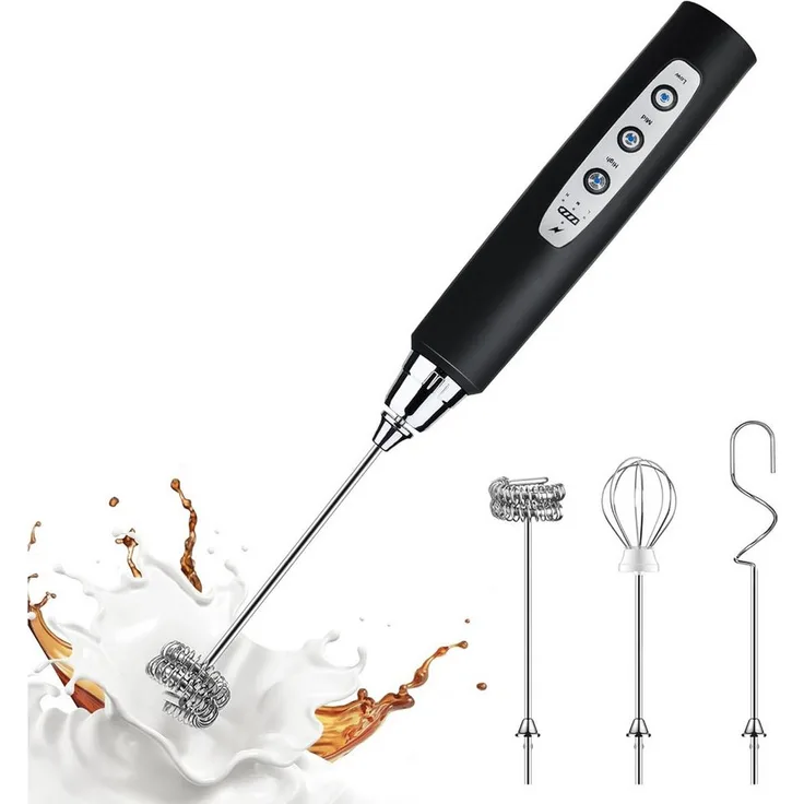 TUWENA Milchaufschäumer, Wiederaufladbarer Aufschäumer mit 3 Schneebesen-Köpfen und 3 Geschwindigkeiten, Elektrisch für Kaffee, Milchkaffee und Cappuccino