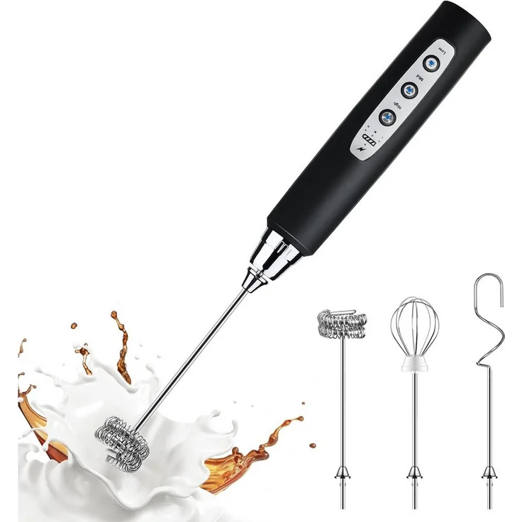 TUWENA Milchaufschäumer, Wiederaufladbarer Aufschäumer mit 3 Schneebesen-Köpfen und 3 Geschwindigkeiten, Elektrisch für Kaffee, Milchkaffee und Cappuccino
