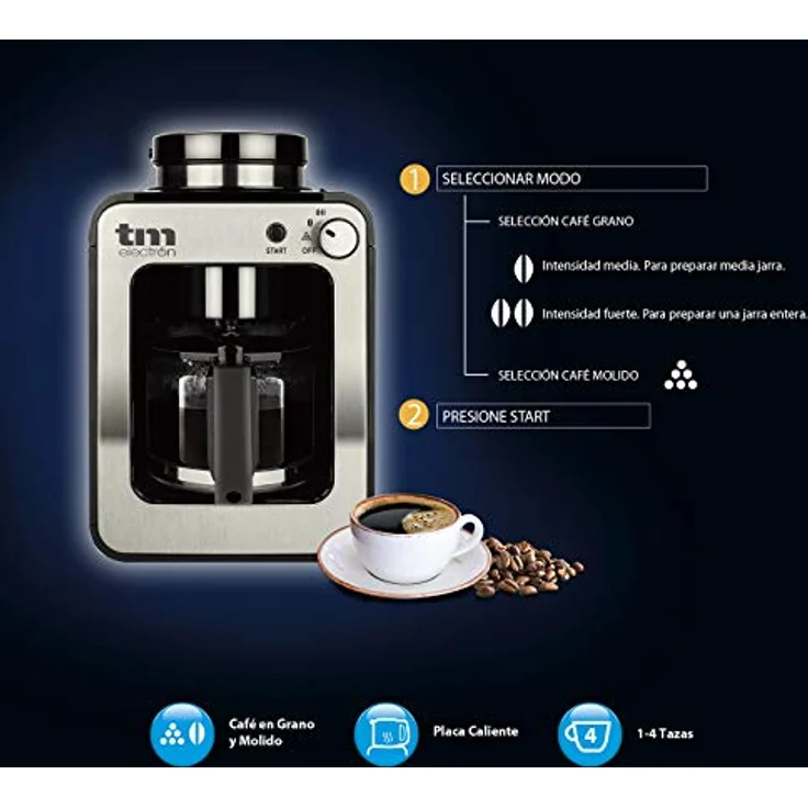 TM Electron Mini-Kaffeemaschine mit Kaffeemühle, 4 Tassen, für Kaffeebohnen, 600 W, waschbarer Filter silber – Bild 4