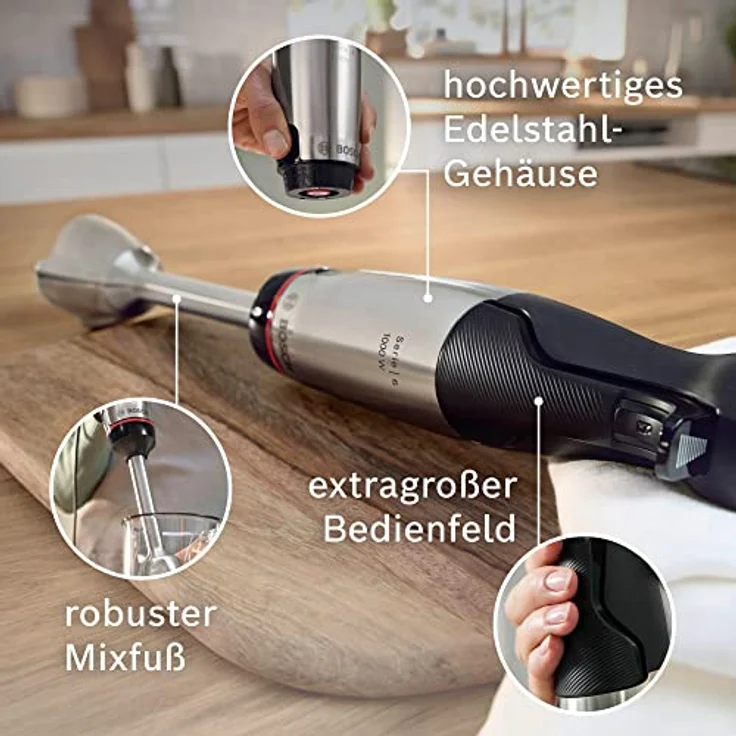 Bosc MSM6M623 Stabmixer, 1000W, AntiSplash, inkl. Zerkleinerer, Kartoffelstampfer, Mixbehälter, Schneebesen, Kunststoff, Edelstahl, silber, schwarz – Bild 5