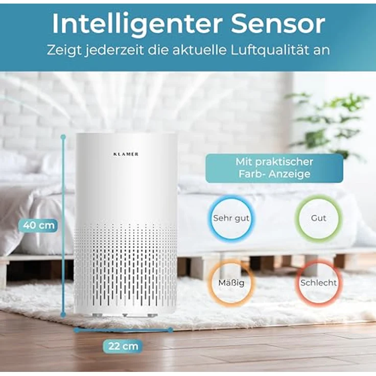 KLAMER Luftreiniger 300i mit HEPA Filter, CADR 220 m³/h, für 50 m² Räume, Smart App, Laser-Sensor, 360° Luftzirkulation, 3 Modi – Bild 5