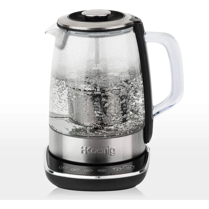 H.Koenig Wasserkocher TI600 Teekocher mit Temperatur-Regelung, 2200 W, Glas & Edelstahl, 1,5 Liter, 4 Temperaturen