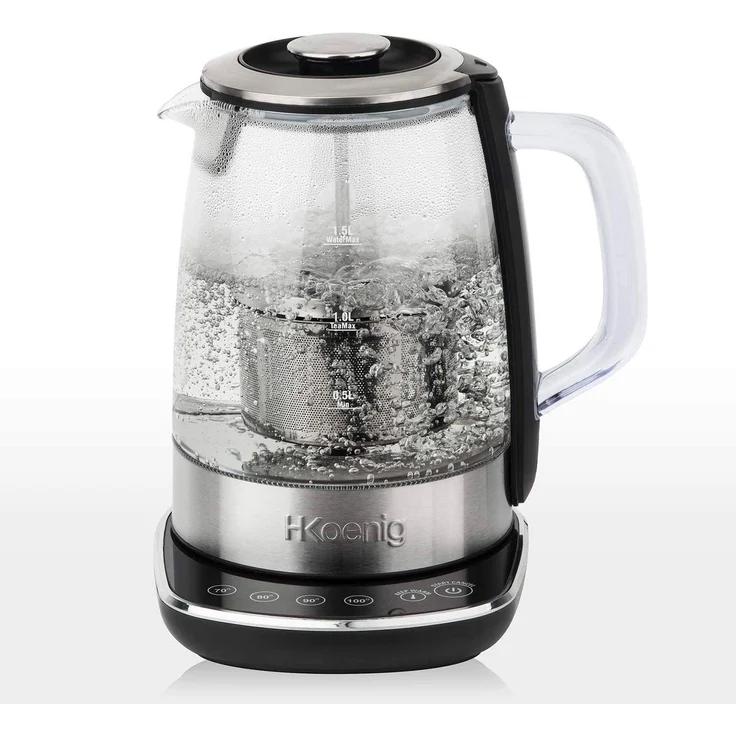 H.Koenig Wasserkocher TI600 Teekocher mit Temperatur-Regelung, 2200 W, Glas & Edelstahl, 1,5 Liter, 4 Temperaturen – Bild 1