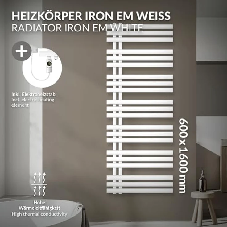 LuxeBath Elektrischer Badheizkörper Iron EM 600x1600 mm Weiß, 900W Heizstab mit Thermostat und Digitalanzeige, Handtuchheizkörper und Elektro Handtuchwärmer – Bild 3
