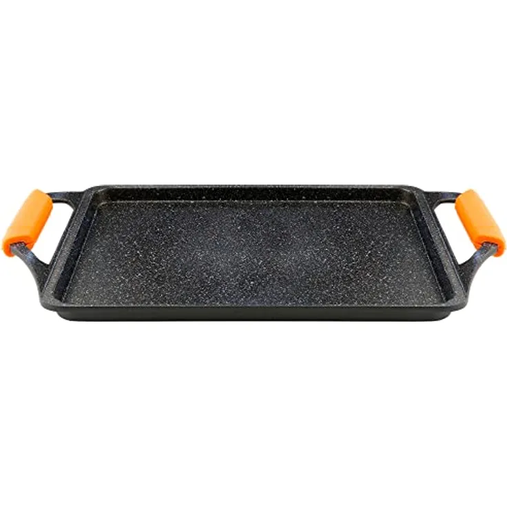 WECOOK! Ecochef Titan Grillplatte, Induktion Griddle-Pfanne 43 X 25 cm, Aluminiumguss, Antihaftbeschichtung QUANTANIUM PFOA-frei, 5mm Dicke, Silikongriffe, Vitrokeramik, Schwarz