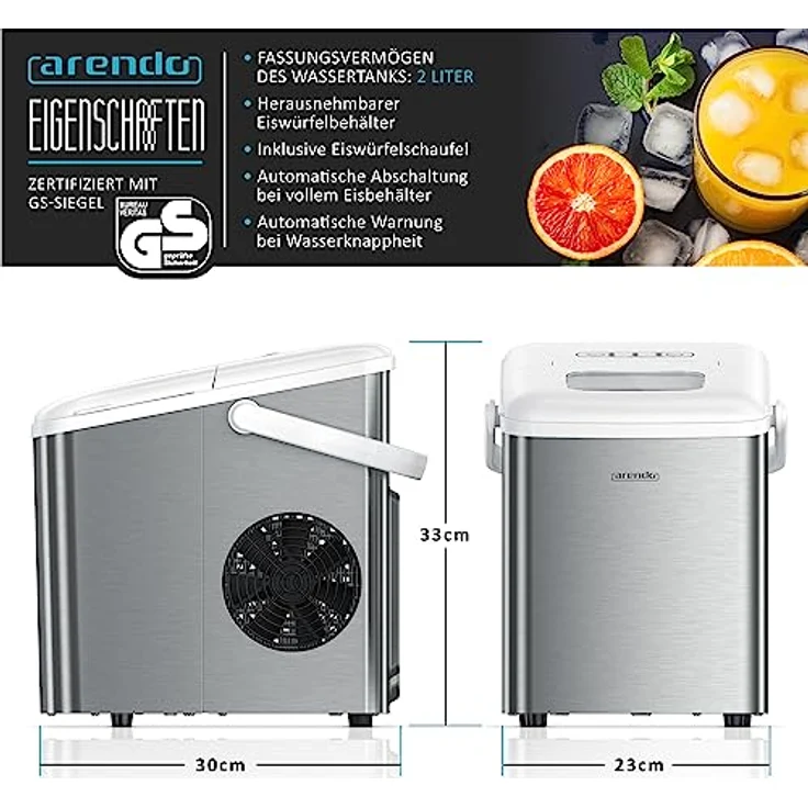Arendo - Eiswürfelmaschine Edelstahl - Testsieger 2021 - Eiswürfelbereiter - Eiswürfelautomat - mit Kühlung - Eiswürfel Größen Klein, Groß - ABS - BPA frei, Silber – Bild 2