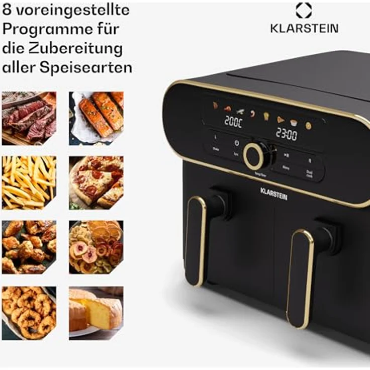 Klarstein AuraAir Color Touch Dual Heißluftfritteuse - 11L Dual-Kammer Airfryer, 1700 W, 8 Programme, Touchscreen, Weniger Fett, Antihaft, Überhitzungsschutz, Automatische Abschaltung, Schwarz/Gold – Bild 5