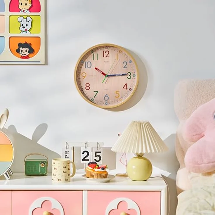 K&L Wall Art Lernuhr, 30 cm lautlose Kinderwanduhr in Holzoptik für Mädchen und Jungen, ideal für Kinderzimmer – Bild 2