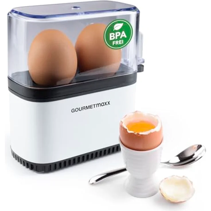 GOURMETmaxx Eierkocher für 2 Eier, Mini Egg Boiler mit Eierstecher, 3 Härtegrade, spülmaschinenfeste Teile, weiß – Bild 1