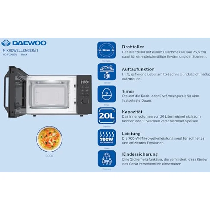 Daewoo MD-FC206SB, Mikrowelle, Schwarz mit 700 W Leistung und 20 L Garraumvolumen – Bild 5