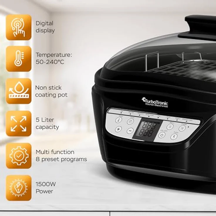 TurboTronic DMC24 Multikocher 5L, 1500W mit Fritteuse, 8 Programme, Dampfgarer, abnehmbare Pfanne mit Antihaftbeschichtung – Bild 2
