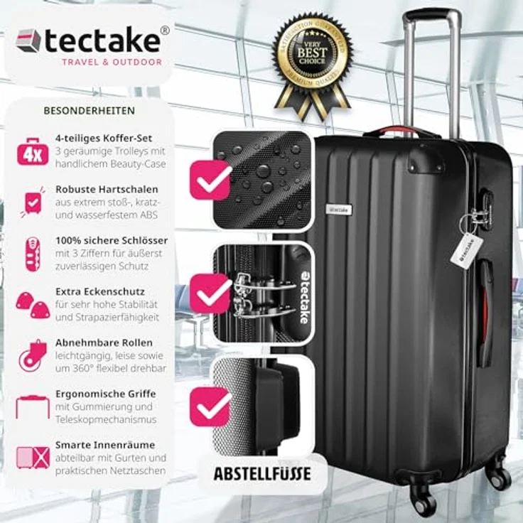 tectake® 4-teiliges Reisekoffer Kofferset inkl. Kofferwage und Gepäckanhänger, 360° Rollen, Hartschalenkoffer mit Zahlenschloss, Koffer groß, ineinander stapelbar, Trolley Handgepäck - schwarz – Bild 2