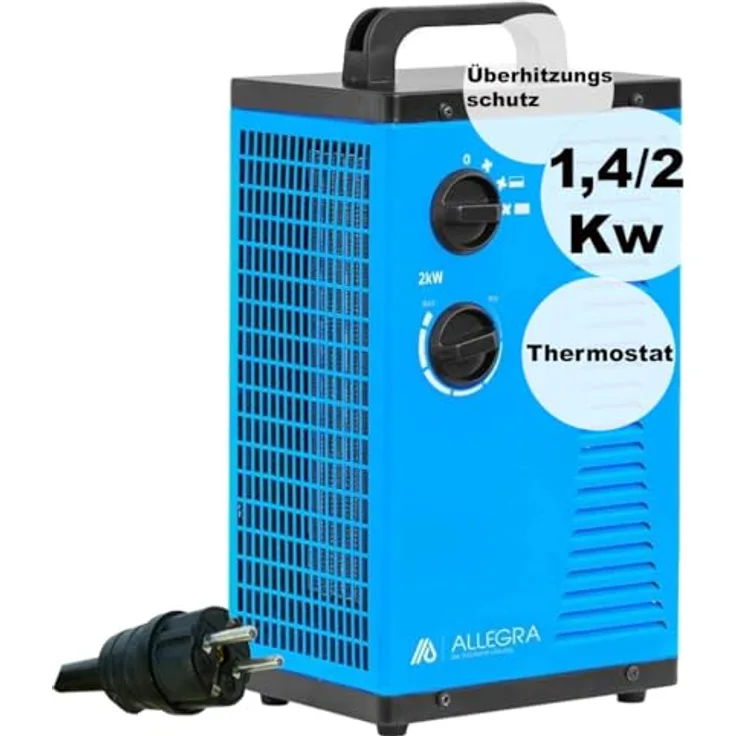 ALLEGRA Heizstrahler Heizlüfter 2Kw 2000 Watt Zeltheizung energiesparend Radiator Elektroheizung Elektroheizer Bauheizer Elektrisch Heizung H22 mit Thermostat, 230V 50Hz, Keramik Heizspiralen, Überhitzungsschutz, 0-30°C Thermostat, 2 Heizstufen, Lüfterstufe, 160x205x322 mm, 2,7 Kg, Schwarz