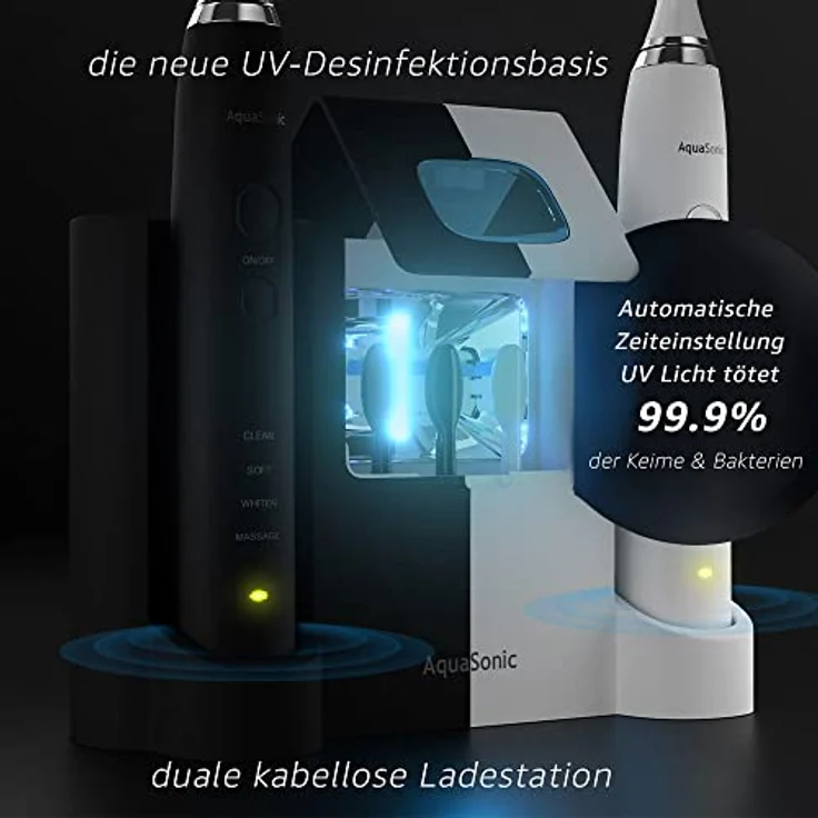 AquaSonic DUO PRO – Extra Aufheller 40.000 VPM Elektrische Intelligente Zahnbürsten - 4 Modi mit Smart Timer - UV Säuberung & Kabellose Aufladestation - 10 ProFlex Bürstenköpfe & 2 Reiseetuis – Bild 2