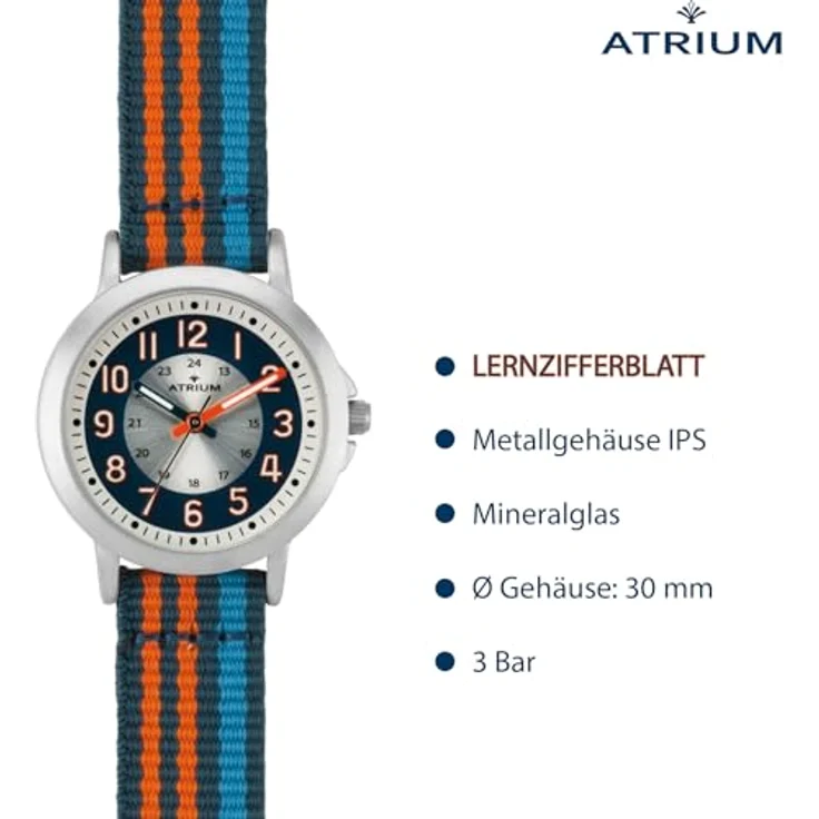 Atrium A50-12 Kinder Armbanduhr Jungen Analog Quarz, extra deutlich mit gestreiftem Nylonband in dunkelblau, orange und hellblau, 30mm, 3 bar wasserdicht – Bild 3