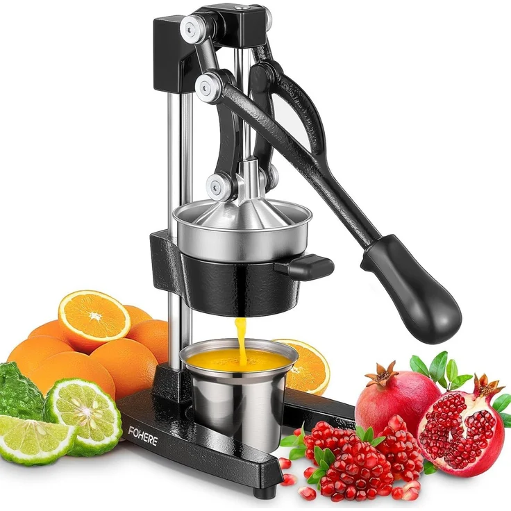 FOHERE Zitruspresse, Manuelle Saftpresse aus Gusseisen mit ergonomischem Gummigriff und rutschfesten Füßen, inkl. 400-ml Edelstahlbecher