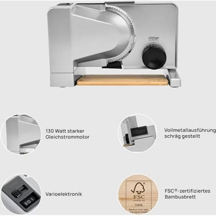 Ritter Allesschneider Serano 8 inkl. Bambusbrett, 130-Watt-Motor und Edelstahlmesser mit Wellenschliff – Bild 3