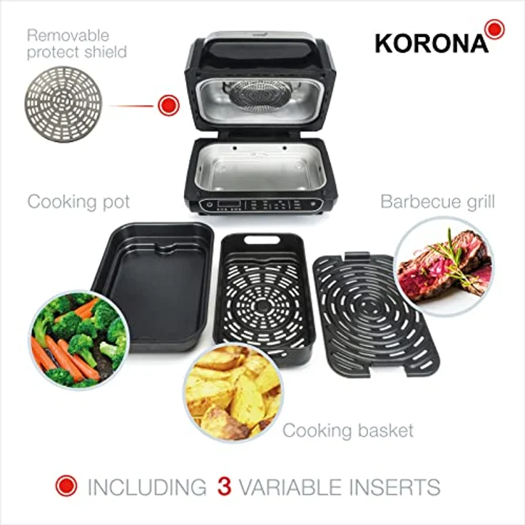 Korona 46160 8in1-Multifunktionsgrill| | Heißluftfritteuse, Backofen, Pizzaofen, Dörrautomat, Bratfunktion, Grill, BBQ | Vier Garstufen | Inkl. Grillrost, Garkorb und Kochtopf | Leicht zu reinigen – Bild 5