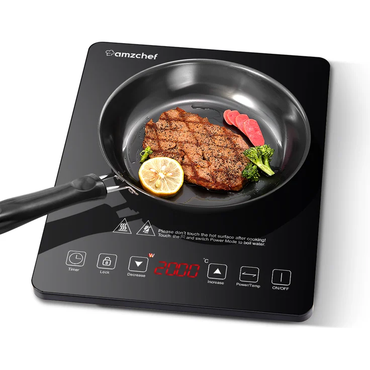 AMZCHEF CB16-BK Induktionskochfeld, Einzeln 2000W mit 10 Leistungsstufen, 10 Temperatureinstellungen und 3-Stunden-Timer, Schwarz