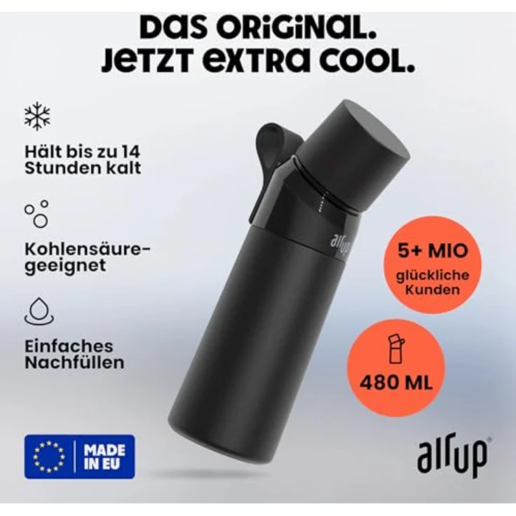 air up® Flasche Steel Starter Set Original aus Edelstahl inkl. Pods in 5 Geschmacksrichtungen, zuckerfrei I 480ml Isolierflasche mit Geschmack, hält Wasser 14 Std. kalt I Schwarz – Bild 4
