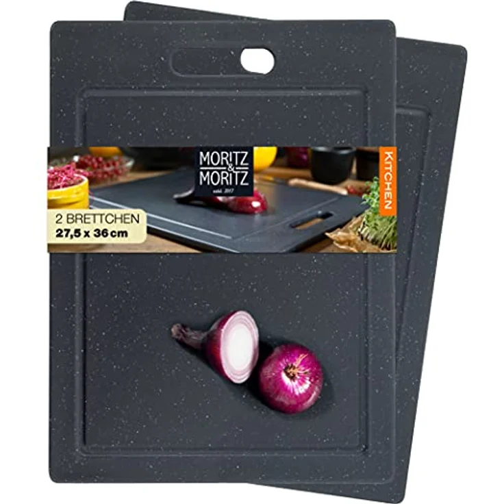 Moritz & Moritz 2x Schneidebretter Kunststoff - 36 x 27,5 cm - BPA frei - Granitoptik - Antirutschfüßen, Eingriffsöffnung - Saftrille, 2er Pack – Bild 1