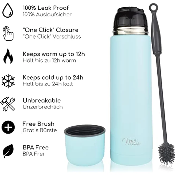 Milu Thermosflasche Thermoskanne Isolierflasche 1L, 750ml, 500ml - Isolierte Edelstahl Trinkflasche, 100% Auslaufsicher, Doppelwandisolierung (Babyblau, 750 ml) – Bild 2