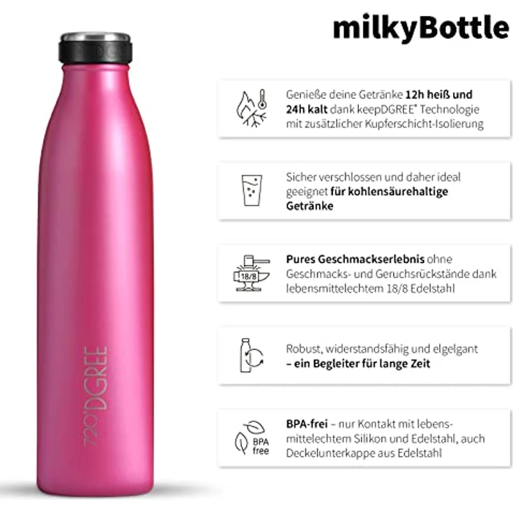 Trinkflasche Doppelwandig Edelstahl 500ml Isolierflasche 720°DGREE milkyBottle fuchsia pink – Bild 2