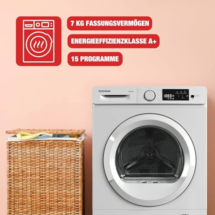 Telefunken TWP7EW, Wärmepumpentrockner für 7 kg Wäsche, Frontlader, A+ Energieeffizienz, 15 Programme, Knitterschutz, leise 64 dB, Trommelbeleuchtung – Bild 2