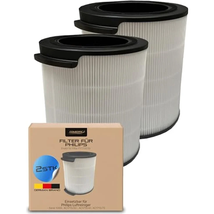 Comedes Ersatzfilter 2er Set für Philips Luftreiniger AC1715/30, HEPA-Filter mit Vorfilter und Aktivkohle, Höhe 23,5 cm, ∅ 21,2 cm – Bild 1