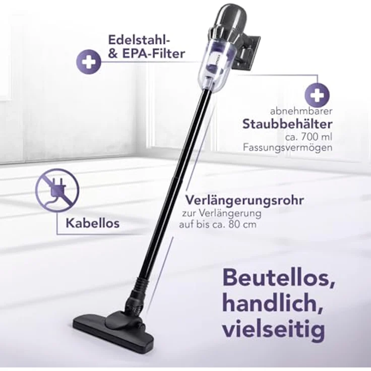 CLEANmaxx Akku-Staubsauger 2in1, kabellos, Hand- & Bodensauger mit 10 kPa Saugleistung, inkl. 2 Düsen und Wandhalterung – Bild 6