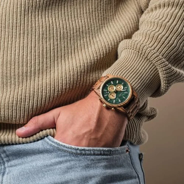 HOLZKERN Chronograph Herrenuhr Blätterdach Zebrano/Marmor, grünes Zifferblatt, 60 Minuten Stoppuhrfunktion, braunes Holzarmband – Bild 5