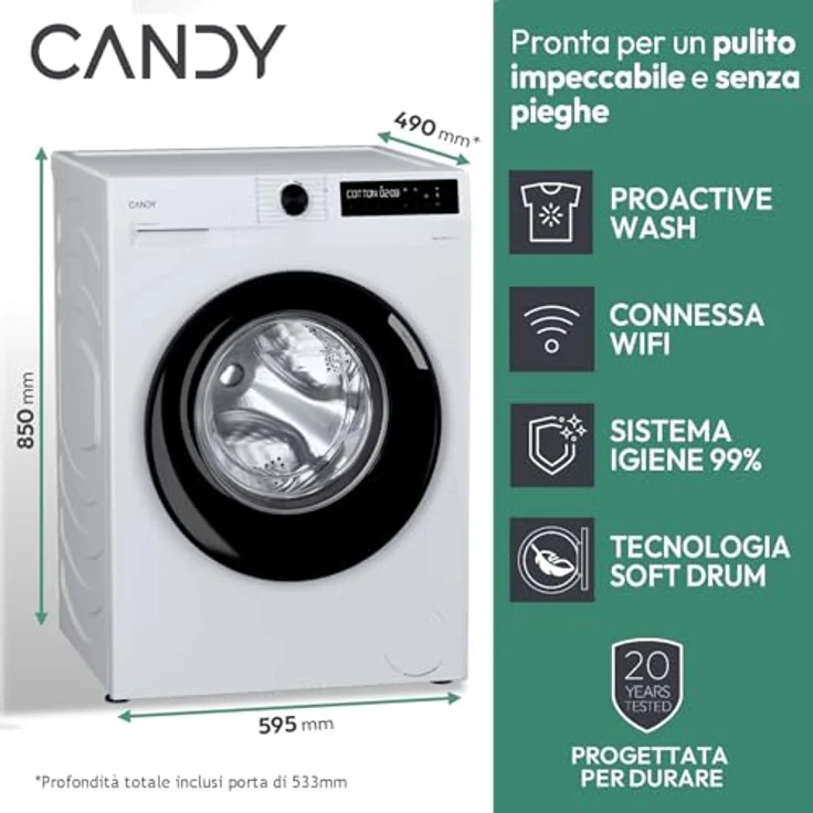 Candy BR 48B6-S, Frontlader Waschmaschine mit 8 kg Kapazität, 1400 U/min, Energieeffizienzklasse A, mit Express- und Hygiene-Programmen, EU Plug 220V – Bild 3