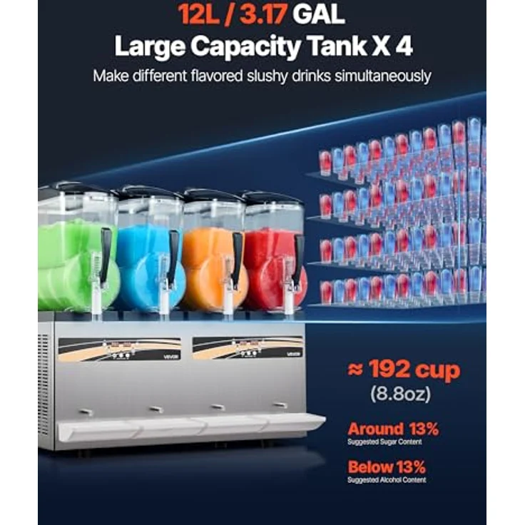 VEVOR Slush Maschine 4 x 12 L, Eismaschine mit 1650 W, Edelstahlgehäuse, Selbstreinigungsfunktion, geeignet für Frozen Margaritas, Frappés und Milchshakes – Bild 2