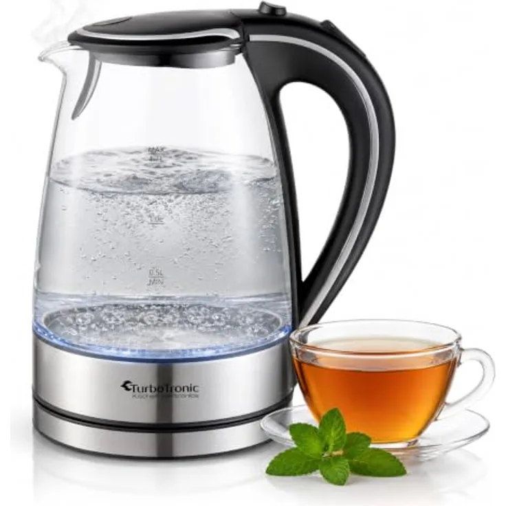 TurboTronic TT-LED01 Wasserkocher, 2200 W Glas mit 1,7 l Fassungsvermögen und blauer LED-Innenbeleuchtung, BPA-frei