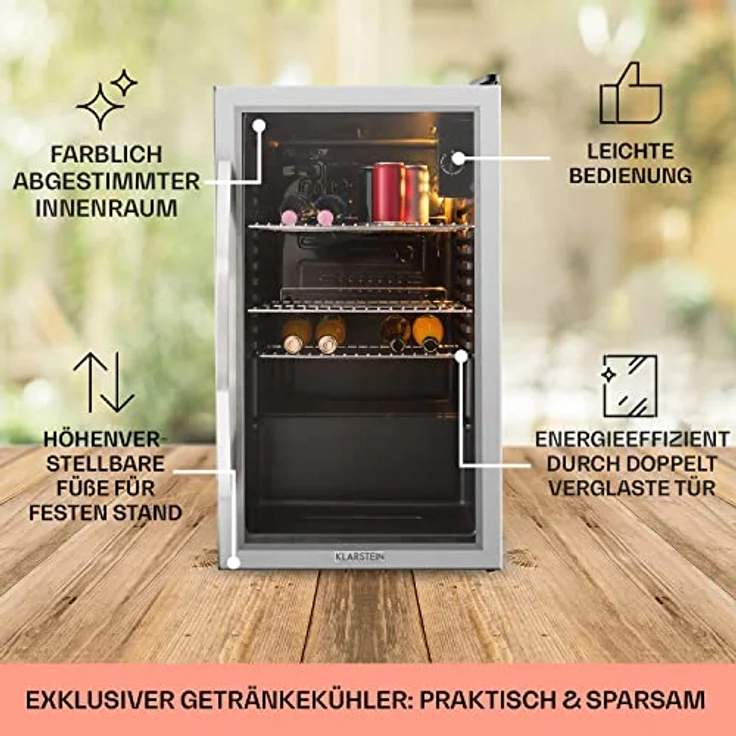 Klarstein Mini Kühlschrank mit Glastür, 80 Liter, leiser Getränkekühlschrank mit verstellbaren Ablagen für Indoor/Outdoor Nutzung – Bild 5